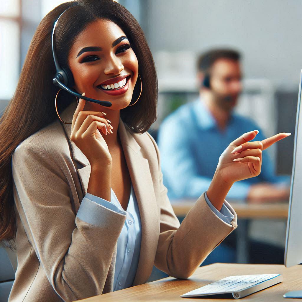 a beautiful brown lady in a callcenter explaining to a customer, with a smile face, with a desktop in front of her and a callcenter office in the background, looking like a real human being (3).png